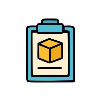 Flat clipboard icon with 3D yellow cube representing delivery order, package list, or inventory report vector