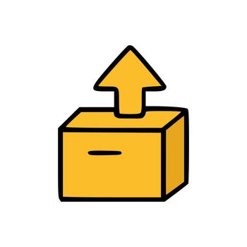 Simple icon showing a mustard-yellow box and an arrow, representing an outgoing package vector