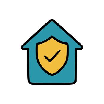 Minimal house icon with verified shield badge representing trusted home system or cybersecurity vector