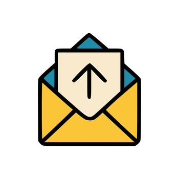 Icon of opened envelope with upward pointing document symbolizes sending email upload or outbound communication action vector