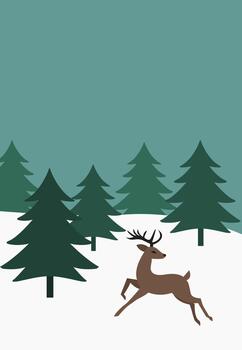 wild deer with antlers running through a snowy forest with dark evergreen pine trees under a cold sky. vector