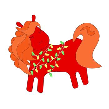 Cartoon red horse with a string of colorful lights vector