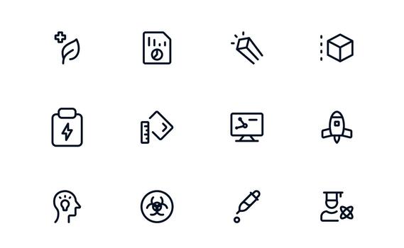 Science icons group detailed outline style for laboratories, scientists, and experimental data visuals vector