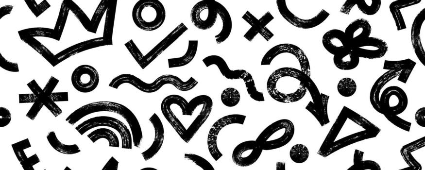 sin costura modelo con ingenuo cepillo dibujado resumen formas en garabatear estilo. negrita negro marcador cepillo dibujado varios elementos impresión. moderno impresión para tela, textiles, envase papel. vector