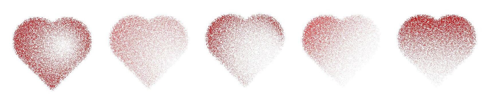 Noise spray red heart set. 3D hearts gradient with dots. Collection of love symbols with grainy effect. Dot dissolve texture. Stipple pattern vector