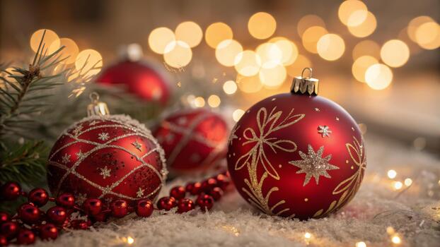 rubí Navidad rojo decoración decoración ligero fiesta adornos en Nevado mesa con calentar bokeh luces creando festivo acogedor estado animico foto