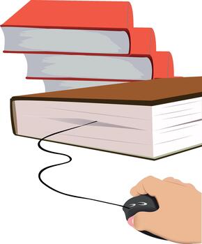 Hand using computer mouse accessing digital book knowledge vector
