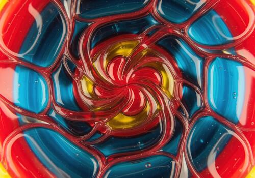 Glossy abstract swirl texture of melted hard candy in red blue and yellow photo