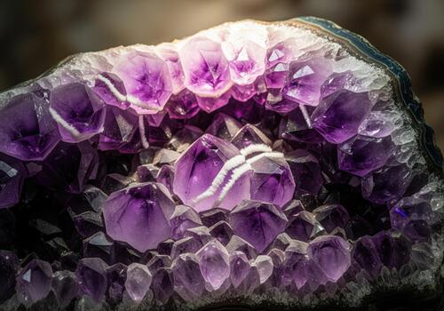 Mesmerizing macro view of deep purple amethyst geode crystals sparkling inside the rock. photo