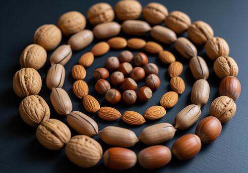 Artistic spiral arrangement of mixed nuts including walnuts, pecans, hazelnuts, and almonds photo