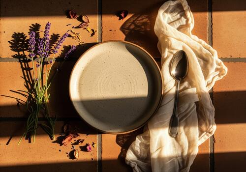 Empty rustic plate and lavender bouquet bathed in dramatic window light photo