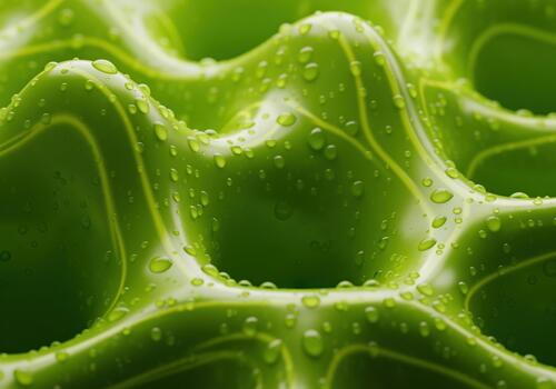 Abstract green liquid surface texture with glossy waves and fresh water droplets photo