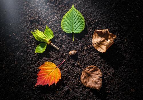 Leaf life cycle showing seasonal change from spring bud to dry autumn leaf photo