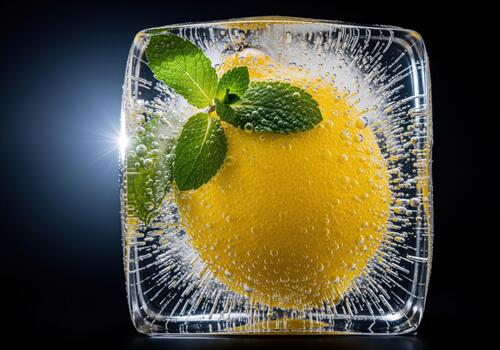 Whole lemon and fresh mint frozen inside a sparkling ice cube block photo
