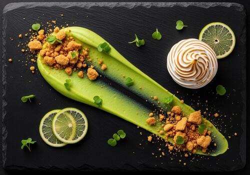 Deconstructed key lime pie dessert with lime curd meringue and graham cracker crumbs on slate. photo