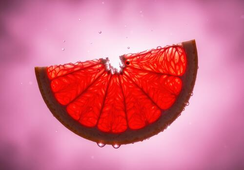 Vibrant backlit ruby red grapefruit slice suspended in water with droplets photo