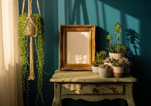 Clásico florido oro imagen marco Bosquejo en rústico mesa con suculentas y luz de sol. foto