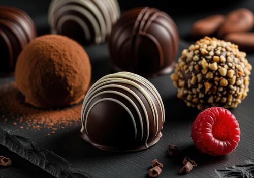 Elegant assortment of dark chocolate truffles garnished with nuts and white chocolate. photo