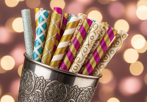 Colorful glitter sticks with festive patterns displayed in an ornate silver cup photo