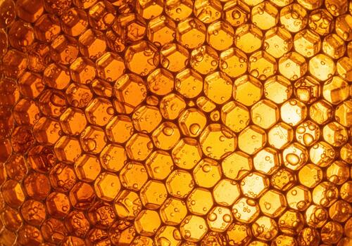 Abstract golden texture of natural honeycomb filled with sweet viscous honey. photo