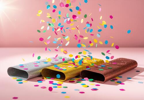 Festive shower of colorful confetti falling onto three glittery party objects photo