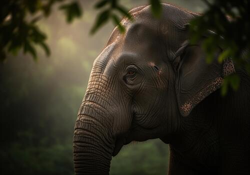 majestuoso elefante retrato enmarcado por oscuro selva follaje en suave etéreo ligero. foto