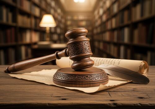 florido de madera mazo y sondeo bloquear con antiguo pergamino y pluma pluma foto