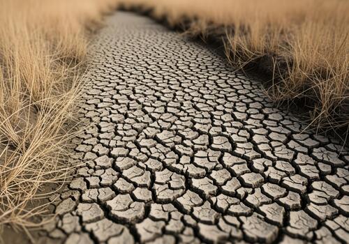 Deeply cracked dry earth path surrounded by arid brown grass texture. photo