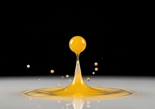 Golden yellow liquid droplet suspended on a rising column during a high speed splash. photo