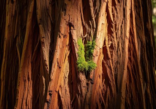 Deeply textured cinnamon redwood bark with vibrant green moss patch in forest light photo