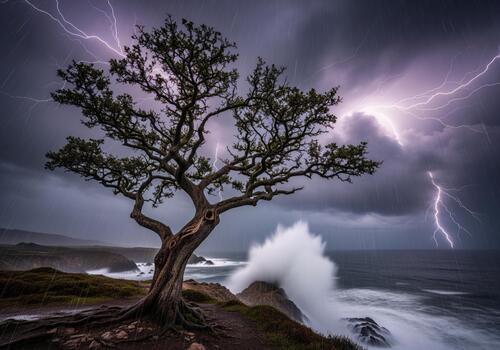 Dramatic lightning storm illuminates an ancient tree standing strong on a rugged ocean cliff. photo