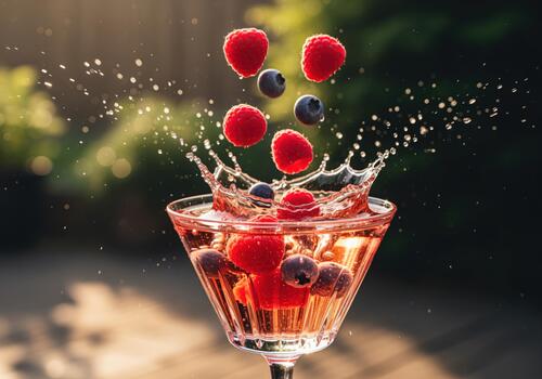 Dynamic splash of raspberries and blueberries falling into a pink cocktail drink. photo