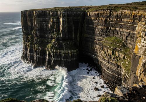 Sheer dark rock cliff face towering over the turbulent ocean waves below. photo