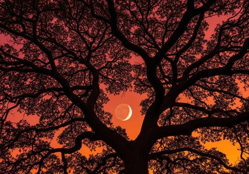 Crescent moon framed by the dark silhouette of a huge tree against a fiery twilight sky. photo