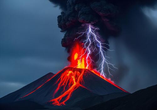 Powerful volcano eruption featuring glowing lava flow, dark ash cloud, and dramatic lightning photo