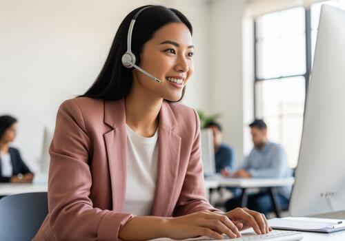 Smiling asian customer service agent wearing headset working on computer in modern office. photo