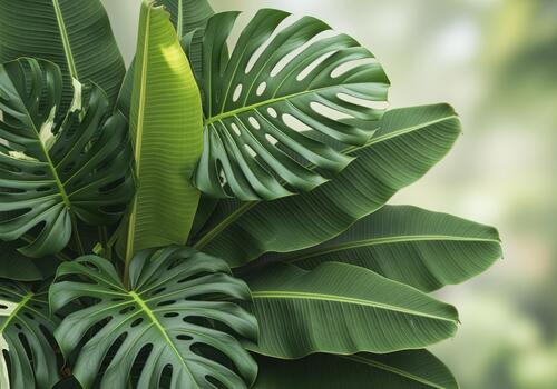 Dynamic cluster of glossy green monstera and banana leaves tropical foliage background. photo