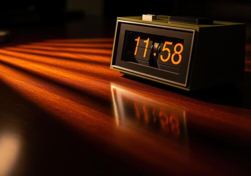 Classic retro flip clock displaying 11.58 illuminated by dramatic light rays on wood. photo
