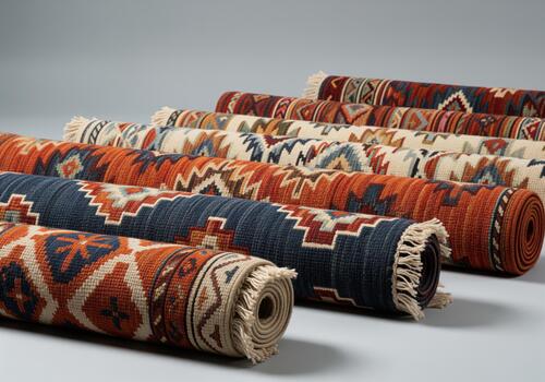 Stack of rolled ethnic patterned rugs featuring geometric designs and fringes. photo