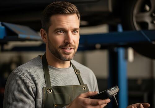 Confident auto mechanic explaining car diagnosis holding a handheld scanner tool photo