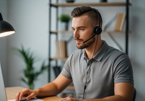 Professional call center agent working remotely with headset and computer. photo