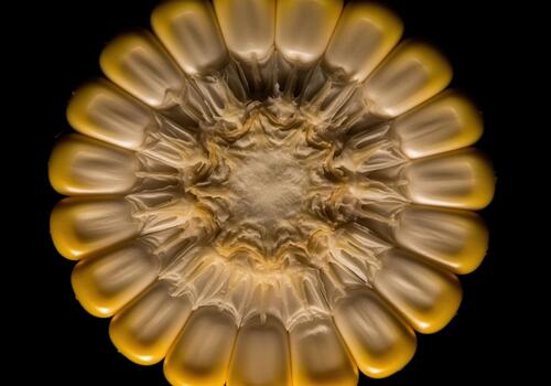 Abstract macro photograph of a corn cob cross section revealing geometric kernels photo