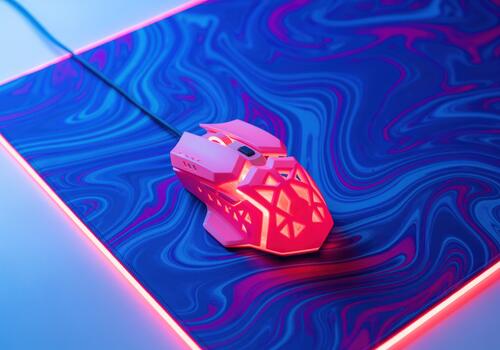 Futuristic pink gaming mouse with red LED light on a marbled RGB mousepad. photo
