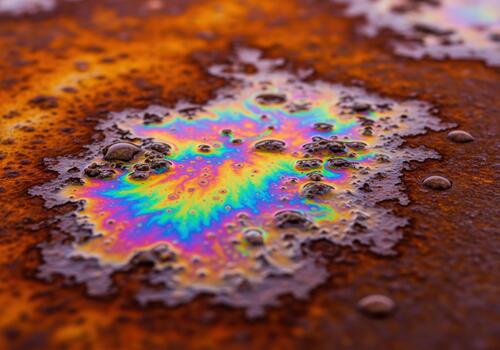 Abstract macro view of iridescent oil slick colors on a rusty metal surface texture. photo