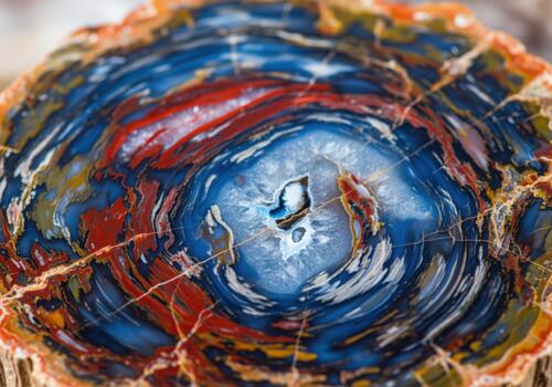 Polished cross section of ancient petrified wood revealing vibrant mineral patterns photo