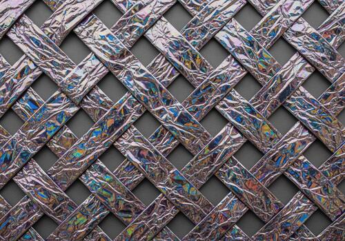 Abstract texture of iridescent crumpled foil woven into a shiny lattice pattern. photo