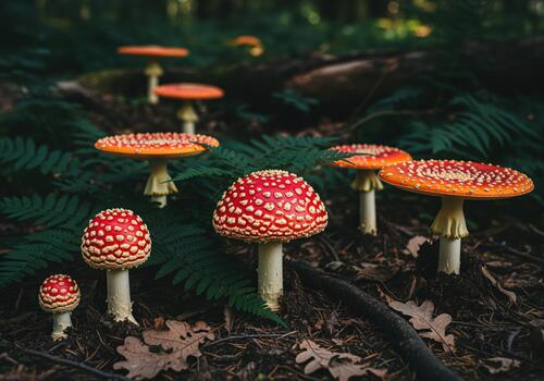 Iconic fly agaric mushrooms with brilliant red caps spotted with white in deep woodland setting photo
