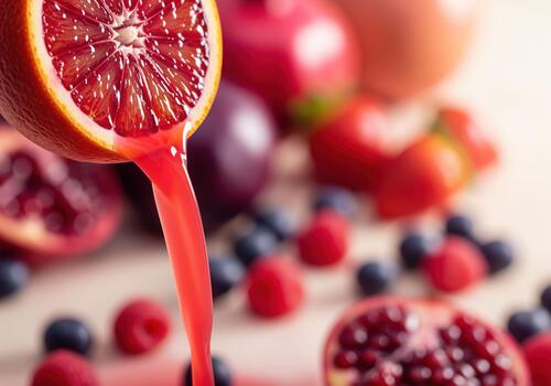 High speed shot of ruby red blood orange juice pouring over fresh berries and pomegranate. photo