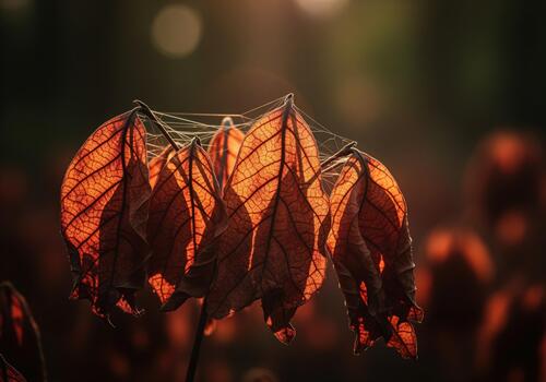 Dramatic macro view of dry autumn leaves covered in spiderweb, glowing orange in sunset light. photo