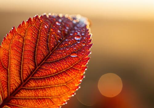 Backlit crimson autumn leaf texture with sparkling dew drops during sunrise bokeh. photo